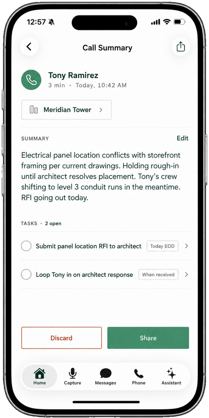 The same call, captured as a Hardline call summary with the record and tasks ready to share
